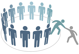 a circle of stick figures, with one of the figures reaching out to include another person who was not initially involved in the circle.