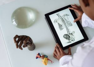 A person using a tablet to view a skeleton.
