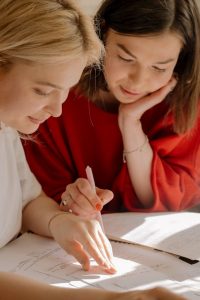 Two young women collaborating on a project, brainstorming ideas and working together to achieve their goals.