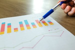 A businessman's hand holds a pen, examining graphs on paper.